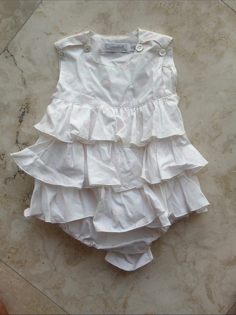 Crochette NWT White & Light Pink Ruffle Baby Romper 9 Months 100% Cotton